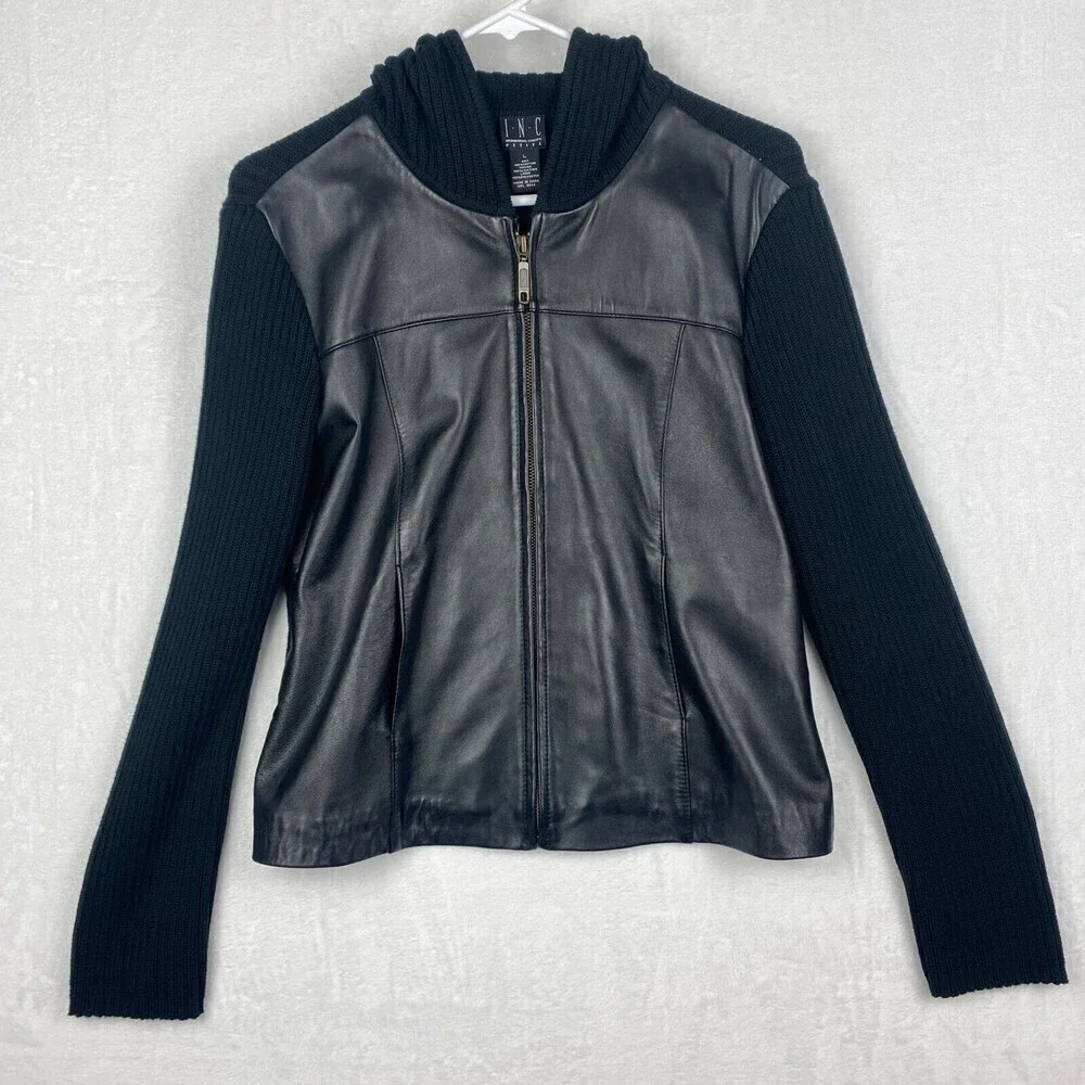 I.N.C Leather Jacket Womens Large Petite Black Pockets Hooded Ladies Jacket - Picture 2 of 11